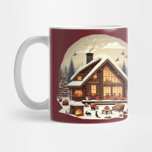 a warm and inviting cabin surrounded by a snowy landscape. and there's elements like a crackling fireplace, decorated Christmas tree, and a family or group of friends enjoying the holiday season inside. Mug